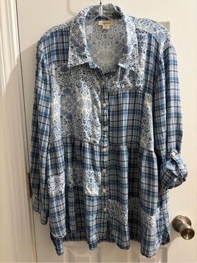 Style & Co. Blue Patchwork Plaid and Floral Button-Down Shirt